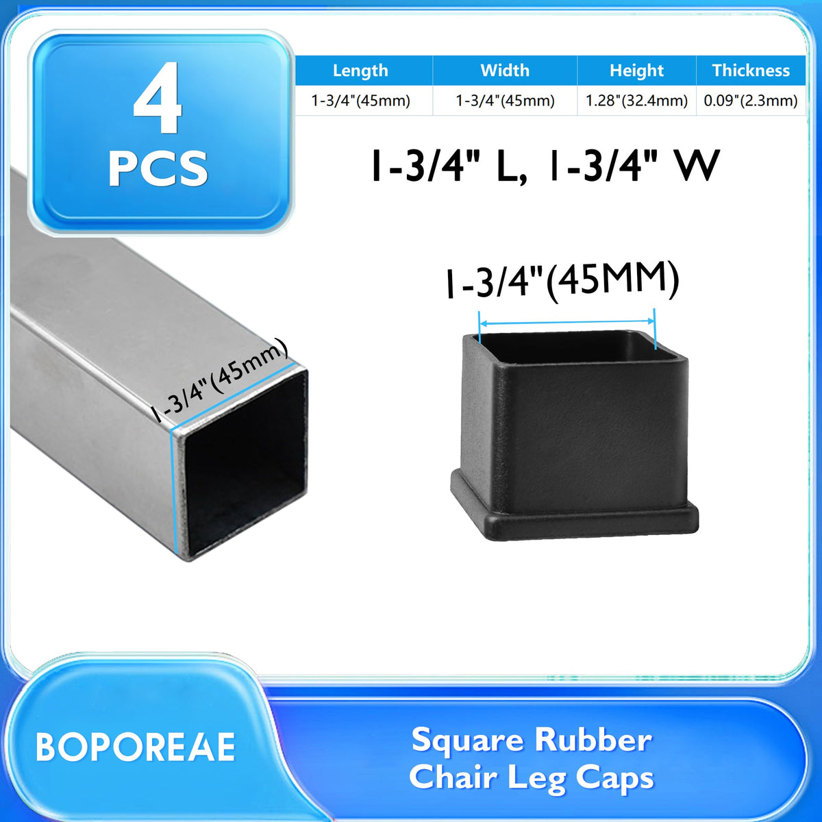 4 Pcs 1-3/4" x 1-3/4" Black Square Rubber Chair Leg Caps (4 Count)