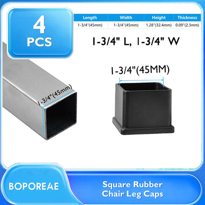 4 Pcs 1-3/4" x 1-3/4" Black Square Rubber Chair Leg Caps (4 Count)
