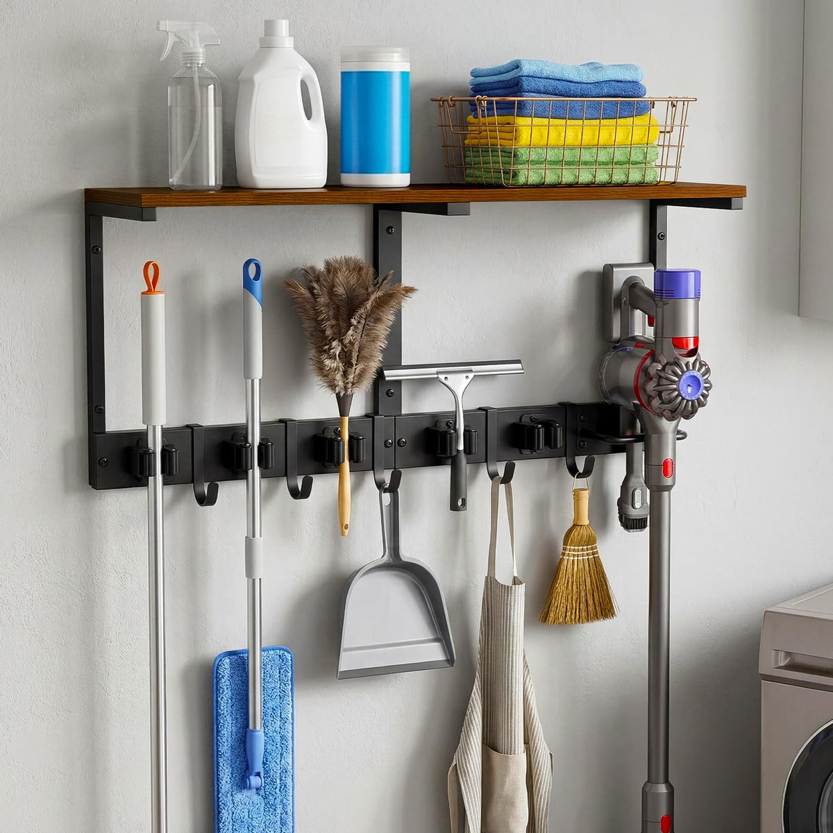 Heavy Duty Broom Holder Wall Mount with Cleaning Supplies Organizer