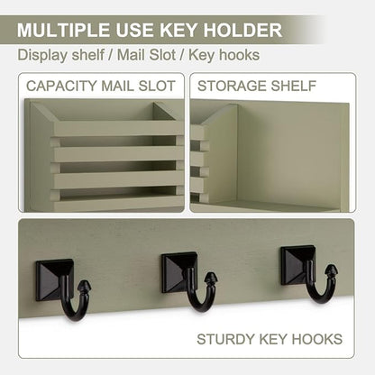 Key Holder Wall Mount, Mail Organizer for Wall with 5 Square Rustic Key Hooks Key Shelf Farmhouse Home Decor for Entryway