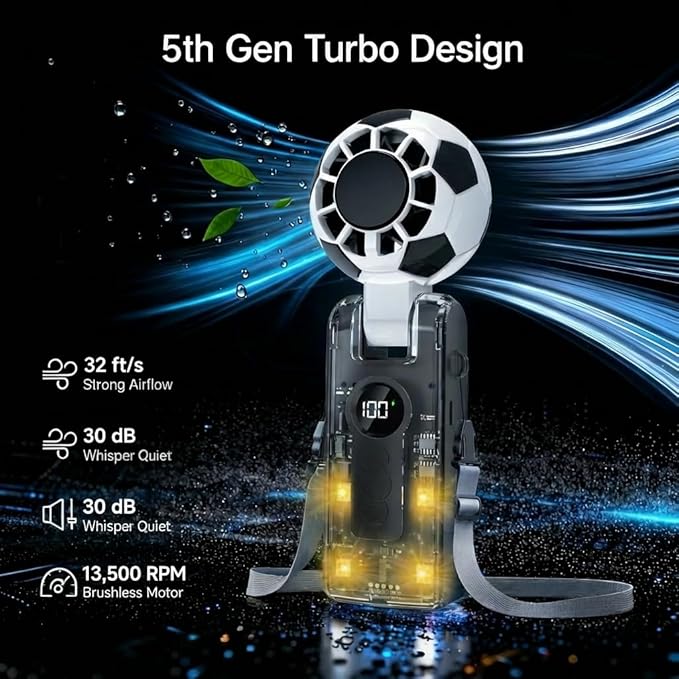 QQT Portable Handheld Turbo Fan with Ice Cooling,5 Speed Battery Rechargeable Foldable,4-Mode LED Lights,Up to 12 Hrs,Small Portable Fan for Travel,Working,Gifts for World Cup Football Fansm,Black