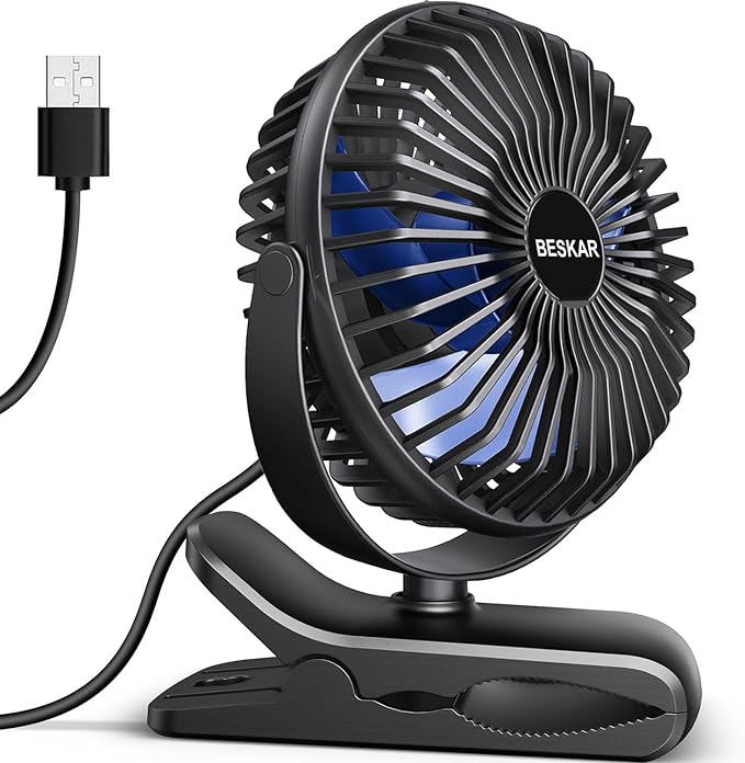 BESKAR USB Clip on Fan, Portable Small Fan with Cord Powered, 3 Speeds Strong Airflow, with Sturdy Clamp, Quiet Personal Desk Fan