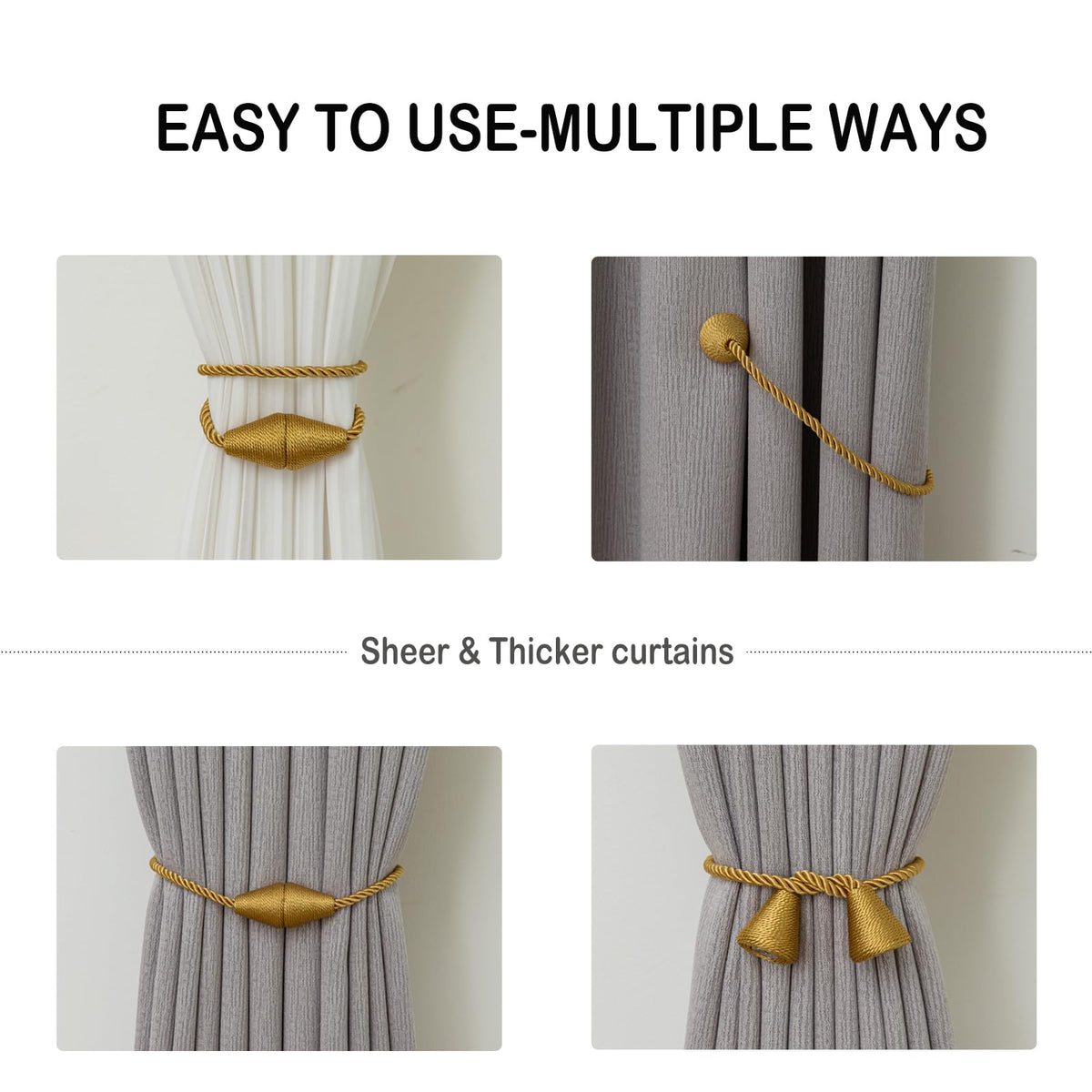 Magnetic Curtain Tiebacks 8 Pack Outdoor Rope Curtain Tie Backs Decorative Window Treatment Holdbacks for Home Decorative Curtain (8 Count)