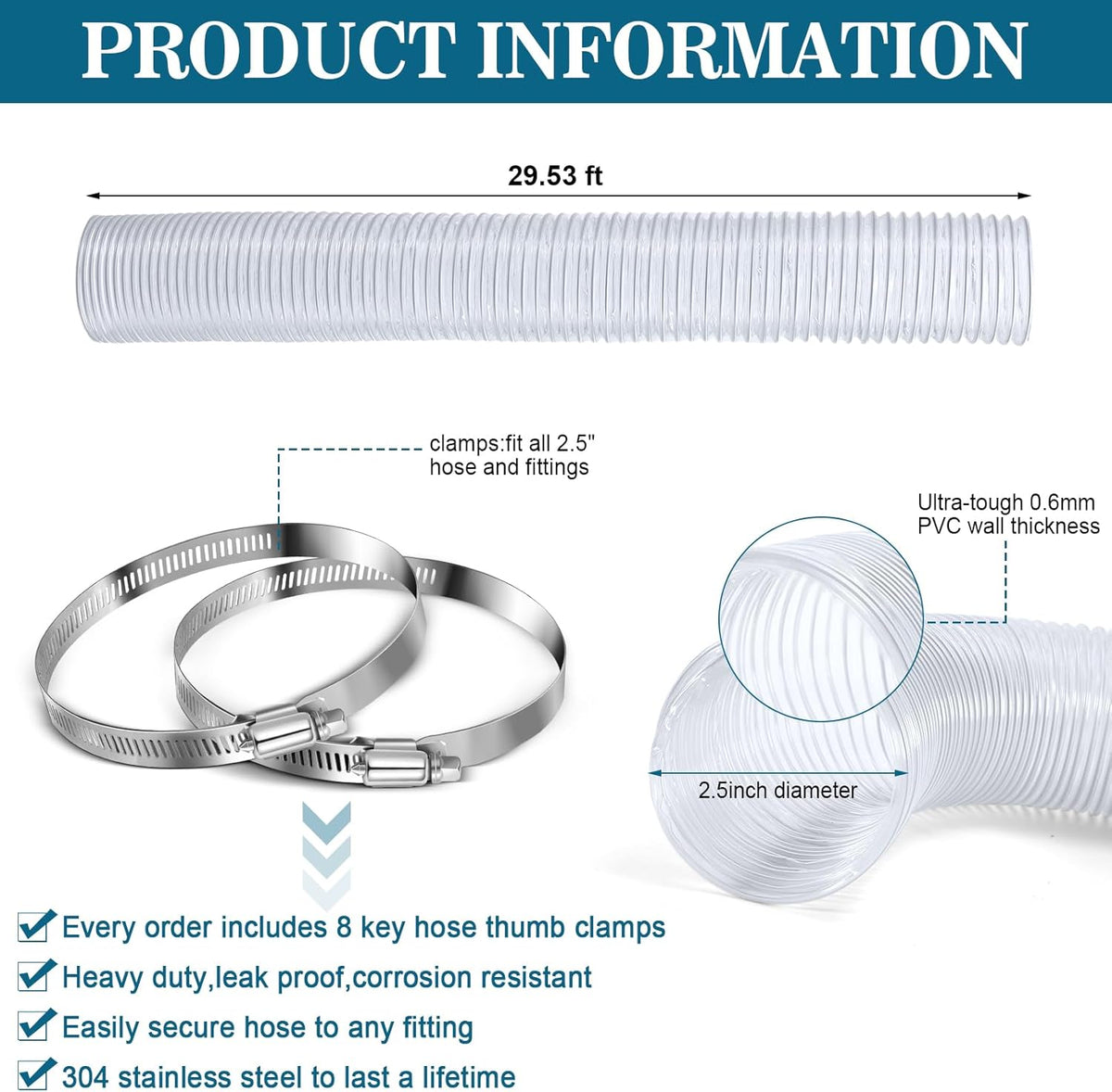 2.5 inches 30 ft PVC Dust Collection Hose with Stainless Steel Clamps Set Flexible Clear Vacuum Puncture Resistant Fume Hose for Vacuums Cleaner Fume Dust Collection System