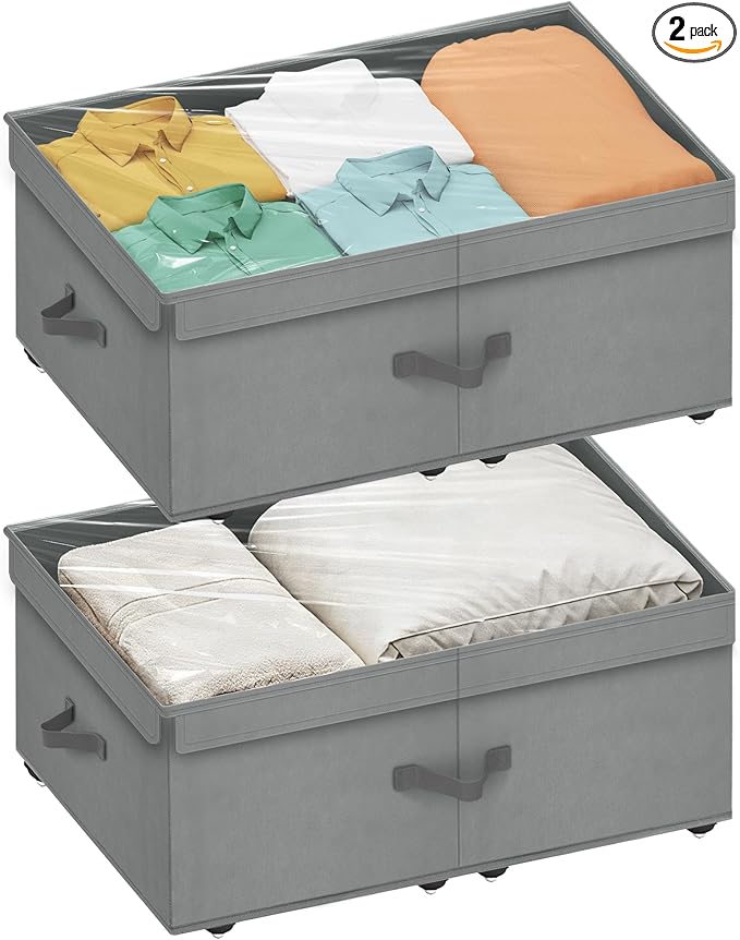 Large Under Bed Storage with Wheels, 10" Height Rolling Underbed Storage Containers Bins with Lid, Deep No-Assembly Under Dorm Bed Storage Drawers for Shoes, Clothes, Blankets (2 Pack, Grey)