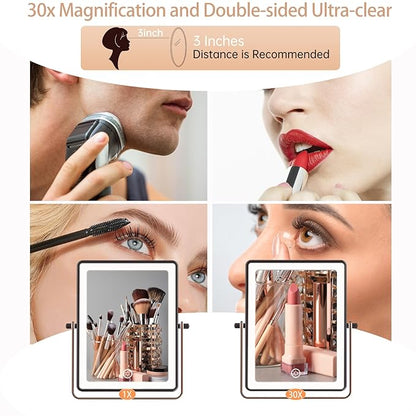 FASCINATE 5000mAh Rechargeable Wall Mounted Makeup Mirror, 8.7" Double Sided Touch Switch 1X 30X Rectangle Wall Mounted Magnifying Mirror with Light, 3 Color Setting, Extended Arm 360° Foldable Bronze