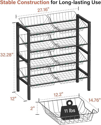4-Tier Kitchen Storage Rack, Metal Pantry Storage Stand, Fruit Basket Stand with 8 Fruit Vegetable Baskets, Freestanding Snack Organizer Shelf Unit for Living Room, Office, Apartment, Black
