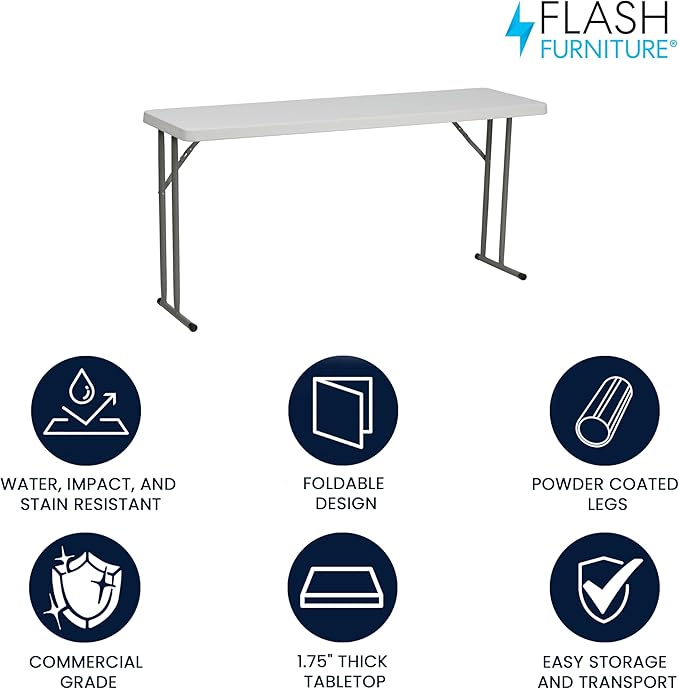 Flash Furniture Kathryn 5' Rectangular Plastic Folding Table, Long Plastic Foldable Table for Indoor/Outdoor Events, White