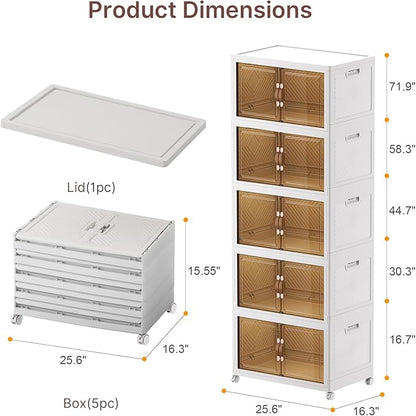 UAMFURI Stackable Storage Bins with Lids, 600QT Closet Organizers, Lockable Storage Cabinet，Foldable Storage Box with Doors and Wheels, Plastic Drawers for Home, Garage, Office (5, White, Large)