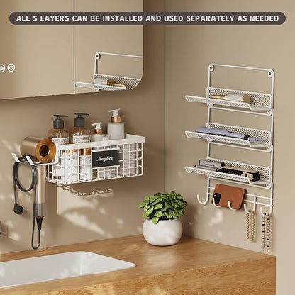 Magheo Hair Dryer Holder Wall Mounted, Adheisve Hair Styling Tool Organizer for hair Brush/Appliance Wall Mount with 5 Tier Shelf Basket Hooks Blow Dryer and Straightener Holder for Bathroom(White)
