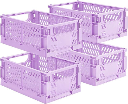 HUUSMOT 4-Pack Small Pastel Plastic Storage Baskets, Collapsible Crates for Organizing, Space-Saving Mini Bins for Classroom, Kitchen, Office, Bedroom (Purple, 9.8" x 6.5" x 3.8")
