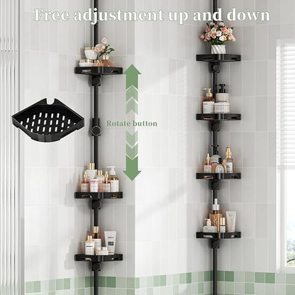 akinbas Tension Pole Shower Caddy Organizer with 4 Tier L-Shaped Rust Resistant Bathroom Corner Shelves with 34-124 Inch Adjustable No Drilling Quick Install Shower Rack for Bath Essentials (Black)