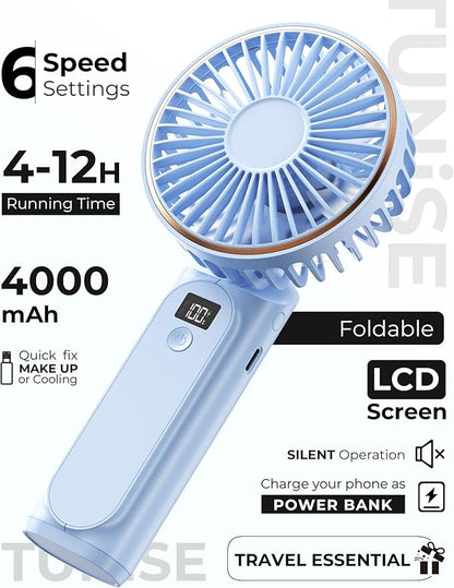 TUNISE Portable Handheld Fan, Portable Fan Rechargeable, 4000mAh, 180° Adjustable, 6 Speed Wind, Display Electricity in Real Time, USB Rechargeable Foldable Fan, Quiet Personal Fan as Power Bank