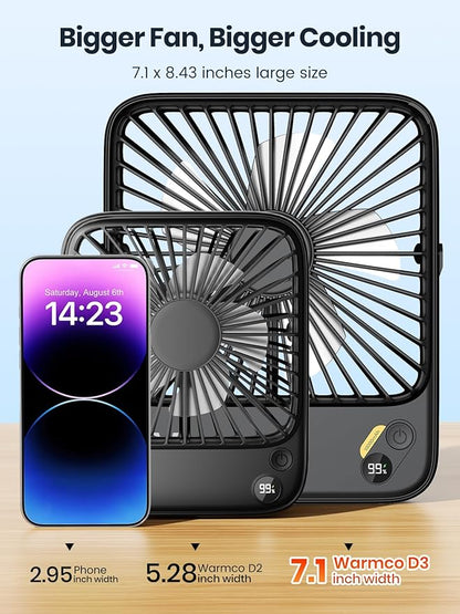 Warmco 10000mAh Portable Travel Fan 7-inch, Max 24H Runtime, Ultra-thin Quiet Rechargeable Battery Operated Desk Fan with Digital Display for Camping, Office, Bedroom, Cruise Essentials