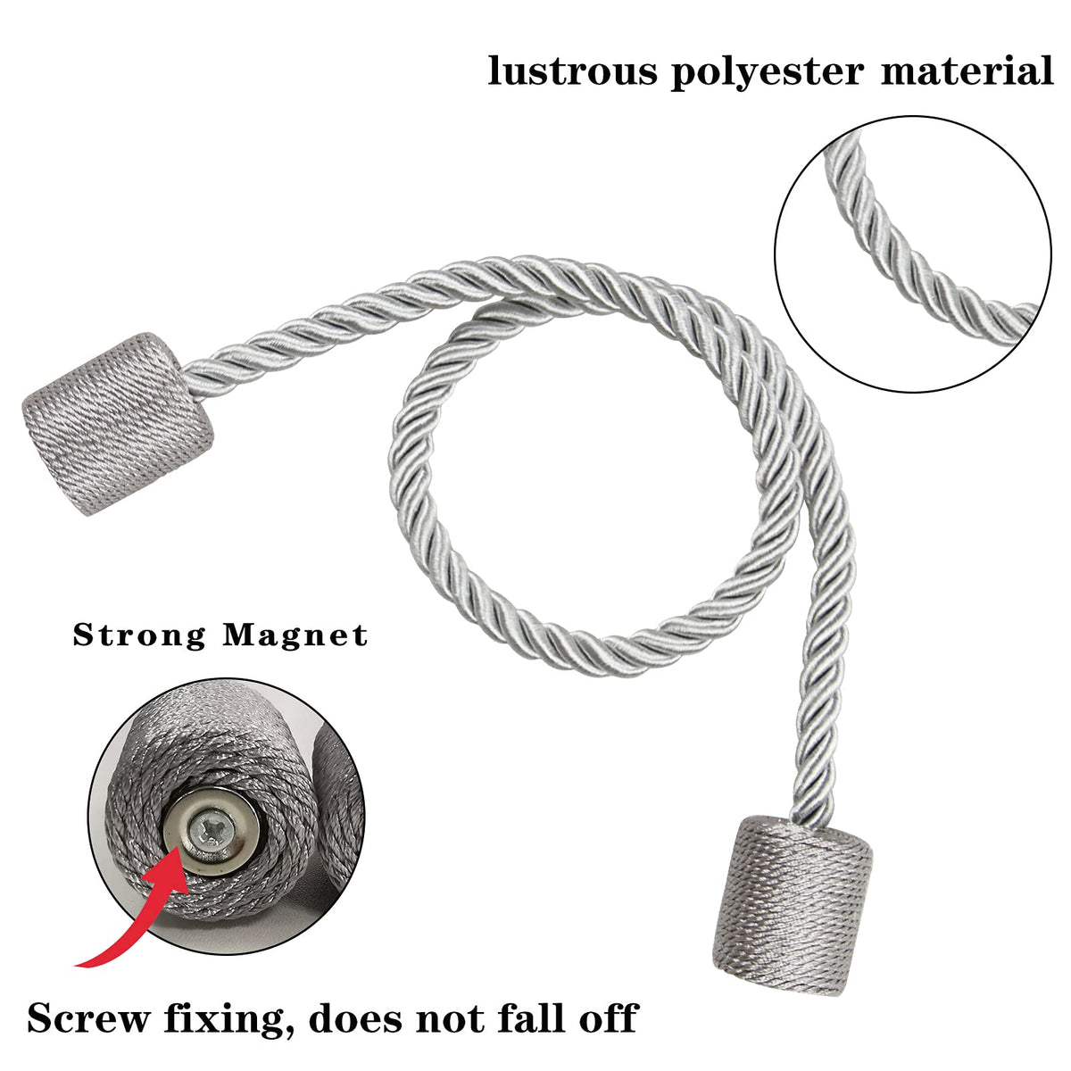 2 Pack Grey Strong Magnetic Curtain Tiebacks Outdoor Elegant Decorative Tie Backs Modern Rope Tiebacks for Drapes Window Curtain Holdbacks for Draperies (2 Count)