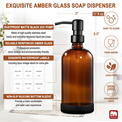 Amber Glass Soap Dispenser with Silicone Sleeve Boot (2 Count)