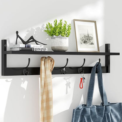 BAMEOS Wall-Mounted Shelf with Hooks - 28.9 Inch Entryway Hanging Shelf with 5 Dual Hooks for Bathroom, Living Room, Bedroom (Black)