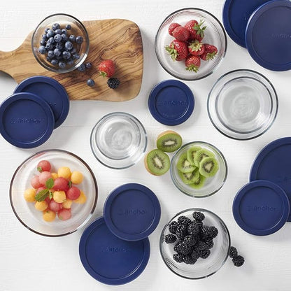 Anchor Hocking 18 Piece Glass Storage Containers with Lids (9 Glass Food Storage Containers & 9 Navy Blue SnugFit Lids)
