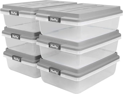 Hefty 40 Qt Hi-Rise Storage Bin with Lid, Stackable Plastic Storage Container, Organizer for Home, Garage & Closet, 6 Pack, Gray