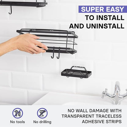 KINCMAX Premium Shower Caddy with Soap Holder, 2-Pack Adhesive Shower Organizer, No Drill Bathroom Shelves, Rustproof Stainless Steel Shelves for Inside, Shower Storage Rack, Matte Black