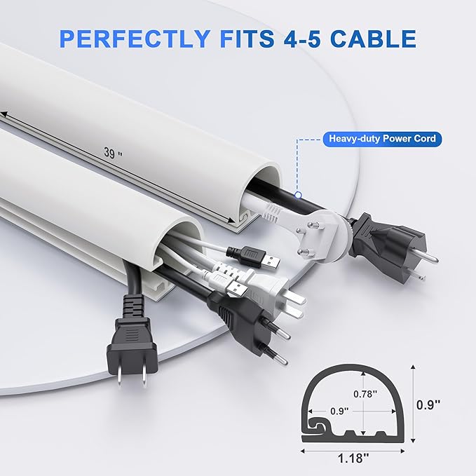 Grotheory 39" Cord Hider for 4-5 Cables, Self-Adhesive Cord Covers for Wires on Wall, Silicone Wire Cover for Wall Mounted TV, Paintable Cable Management for Home & Office, White