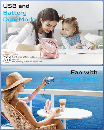 Otlonpe Portable Desk Fan 6.5 Inch, 4000mAh Rechargeable Battery Operated & USB Powered, 23Hrs Cordless Small Personal Fan 4-Speed Quiet for Office Travel Home Sleeping, Led Display, Foldable (Pink)