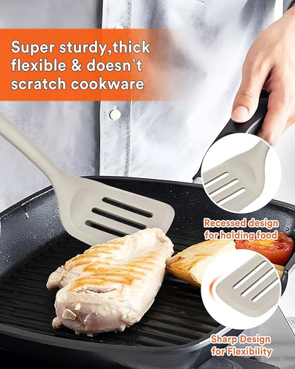 Kitchen Utensils Set, 13PCS Silicone Cooking Utensils, Heat Resistant Kitchen Utensil Spatula Set for Nonstick Cookware, Wooden Handles Kitchen Gadgets Tools Set