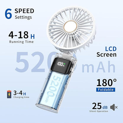 Portable Handheld Fan, USB Rechargeable Foldable Mini Personal Fan, 5200mAh, 180 Adjustable, 6 Speed Wind, 3 IN 1 Hand Cooling Desk Fan with LED Display for Home Office School Outdoor Travel, White
