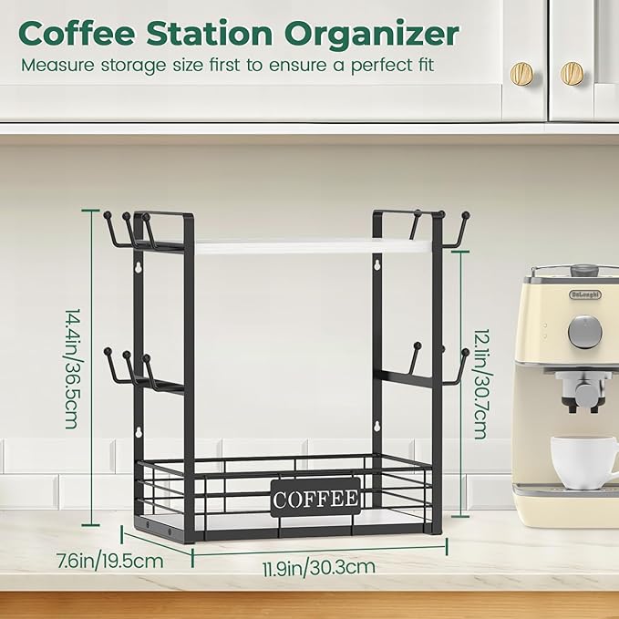 EsLuker.ly Coffee Mug Cup Holder Tree Bar Station Organizer, 2 Tier Mug Stand Rack for Countertop Kitchen, Storage Tower Display Shelf with 12 Hooks, Coffee Nook Enhancer, White-Black