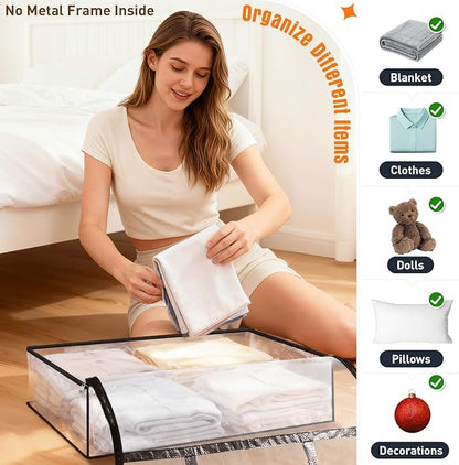 Clear Under Bed Storage Containers - 4 Pack Large Capacity Clothes Storage Bags with Lid & Sturdy Handles, Foldable Moving Bags, Clothing Organizer Totes for Bedding, Comforter, Sheet(60 L)