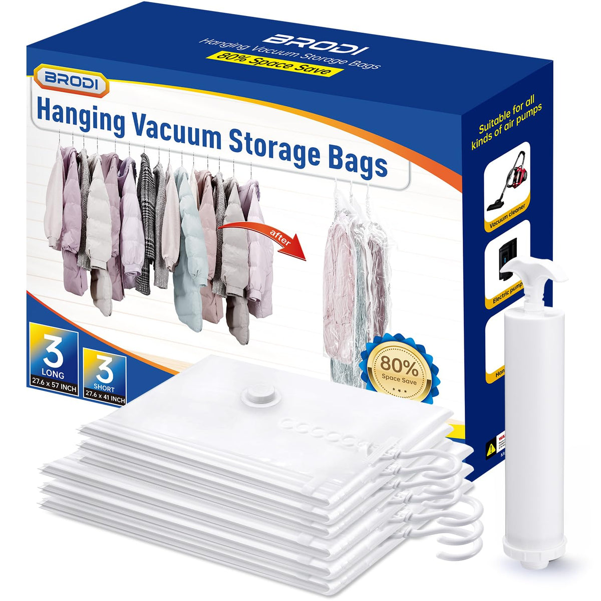 Hanging Vacuum Storage Bags For Clothes With Hand Pump (6 Count)