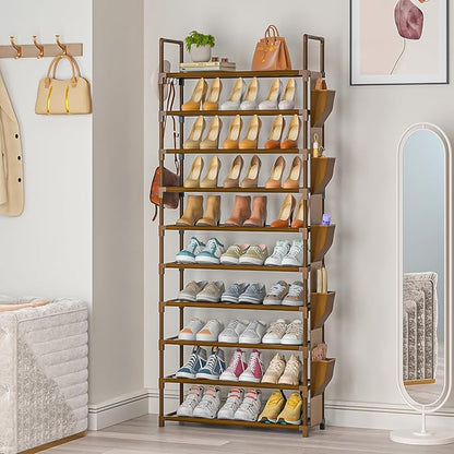 LUKYTOWER Tall Shoe Rack - 10 Tier Organizer for Closet, 30-35 Pairs, Large Capacity with 5 Hooks and Side Pocket, Sturdy Shoe Shelf, Vertical Shoe Stand Tower