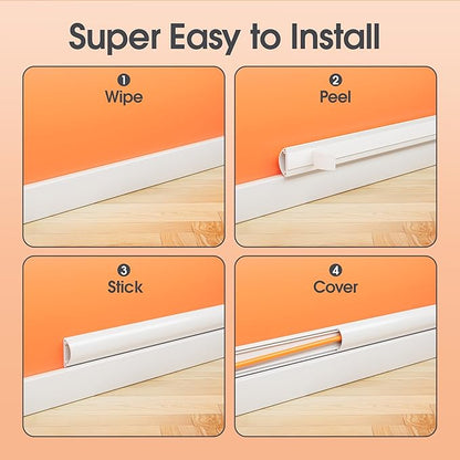 113.4in Cord Hider Wall, Cord Covers for 1-2 Wires on Wall, Self-Adhesive Cable Hider Wire Covers for Cords on Wall, Paintable Tv Cord Hider, Curved Decorative Cable Concealer, W1.18 H0.43in, White