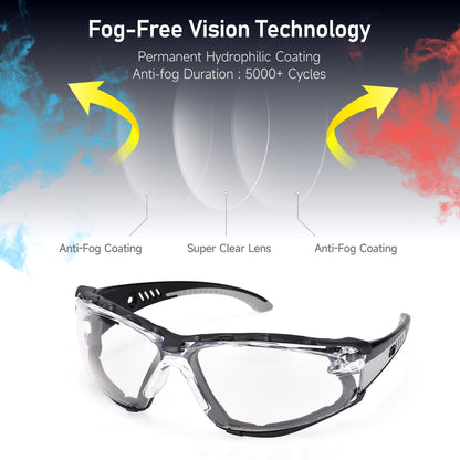 Safety Glasses Anti Fog Scratch Resistant ANSI Z87.1 CE Protective Eyewear with Foam Gasket Adjustable Strap