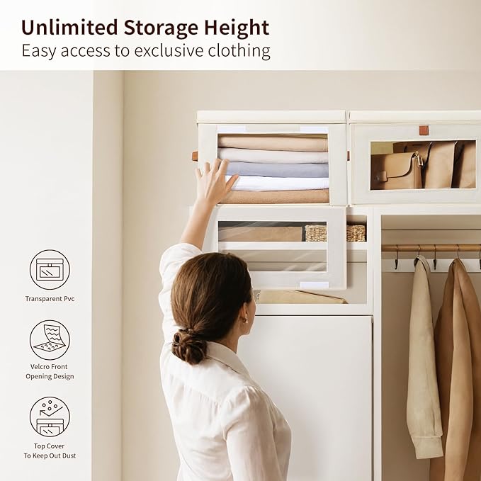 Homsorout Medium Fabric Storage bins - Collapsible Storage Bins with Open Window, 5 Pack Closet Baskets for Shelves, Stackable Decorative Boxes for Home, Dorm, Beige, 13.7"x 9.8" x 9.8"
