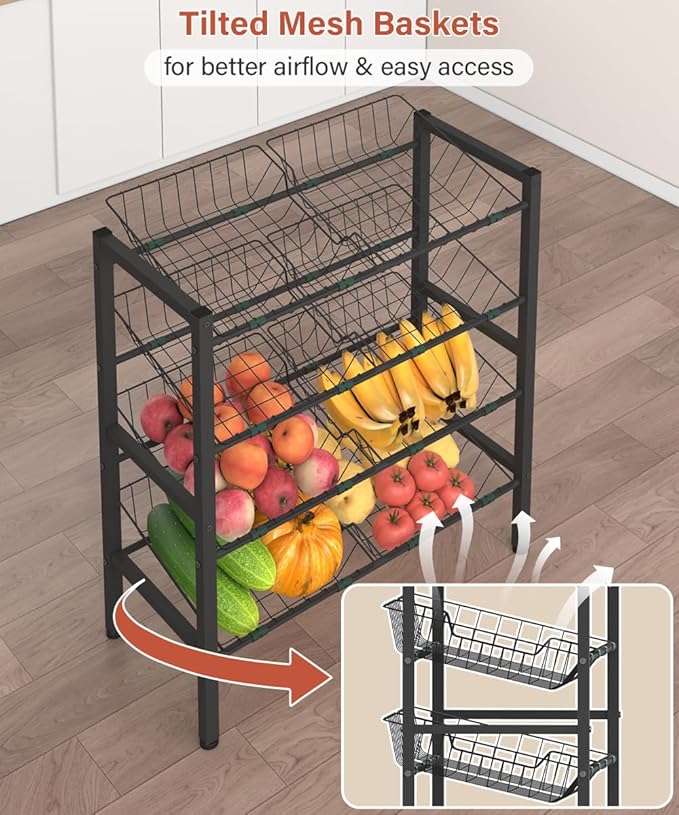 4-Tier Kitchen Storage Rack, Metal Pantry Storage Stand, Fruit Basket Stand with 8 Fruit Vegetable Baskets, Freestanding Snack Organizer Shelf Unit for Living Room, Office, Apartment, Black