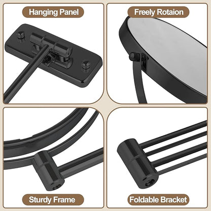 8” Wall Mounted Makeup Mirror with10X Magnification, Double Sided Shaving Mirror Wall Mount for Bathroom, 360° Swivel Extendable Vanity Mirror with Adjustable Arm for Daily Use, Matte Black（No Light）