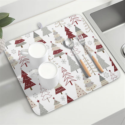 Christmas Tree Dish Drying Mat for Kitchen Counter Christmas Pine Tree Dish Drying Mat 16x18 Inch Geometric Winter Dish Draining Mat Absorbent Reversible Dish Pad Kitchen Accessories Table Protector