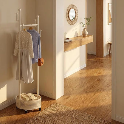 Rolling Coat Rack with Wheels, Freestanding Garment Rack with 6 Hooks & Mesh Storage Basket, Portable Clothing Rack Stand for Entryway, Bedroom, Closet, Cream White(Off-White)
