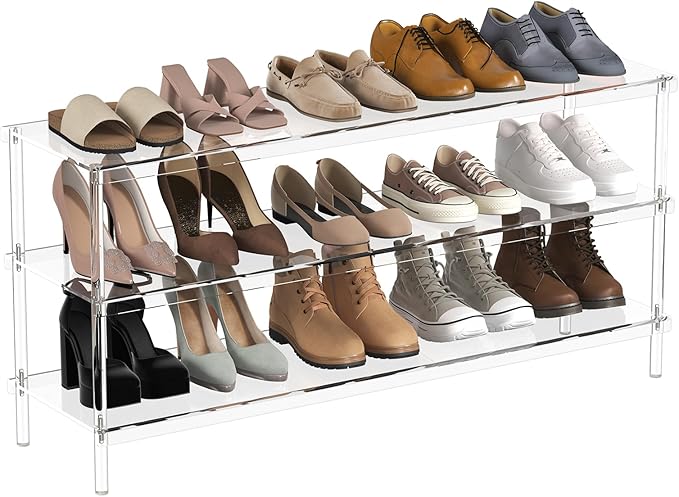 Aquiver Acrylic 3-Tier Long Shoe Rack - Clear Wide Shoe Rack for Closet - Entryway Shoe Storage Organizer - 42.7'‘ L x 11.8'' W x 20.5'' H, Easy Assembly & Clean