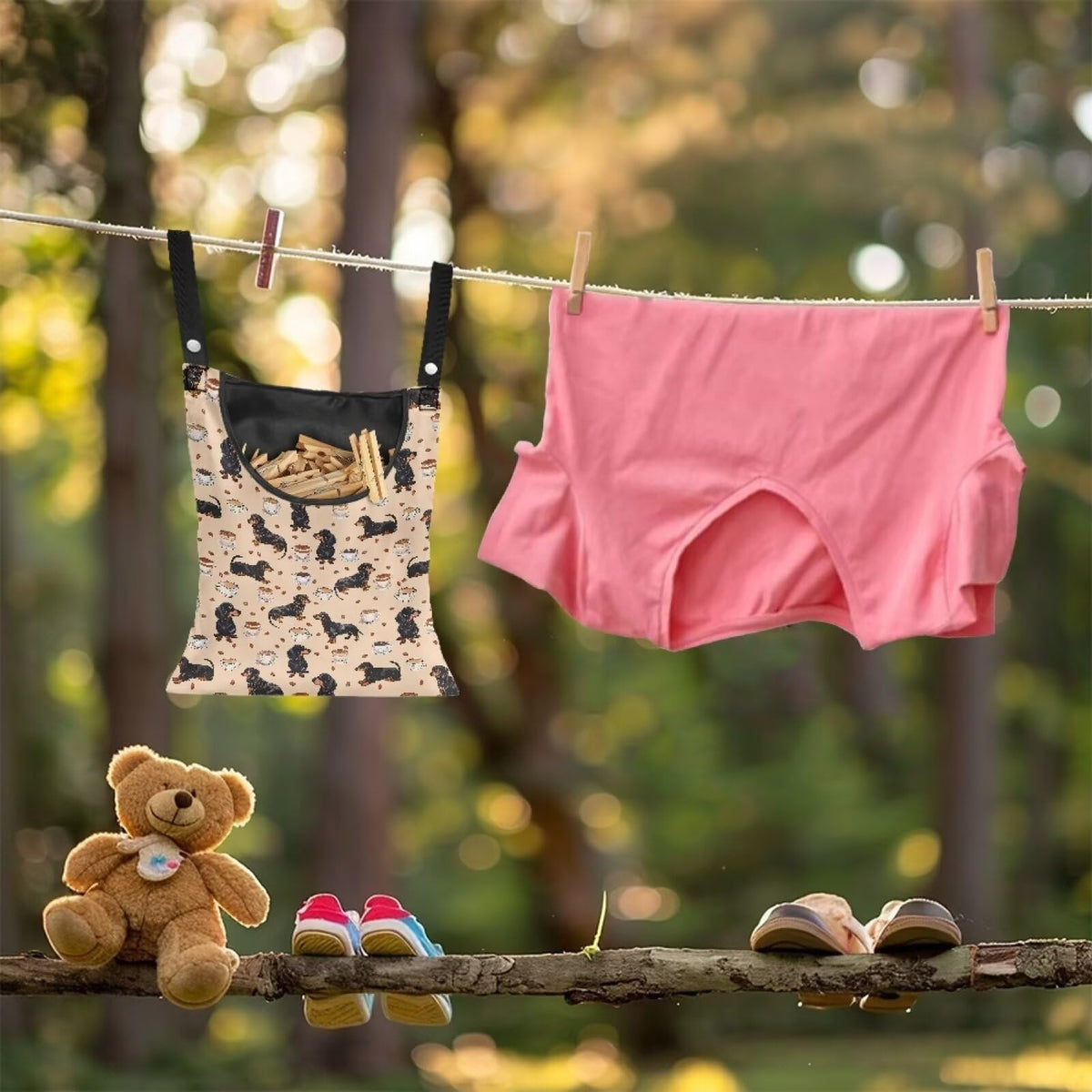 Dachshund Puppy Clothespin Bag Fashion Hanging Storage Organizer Clothes Pin Bag Waterproof Laundry Clothespin Bag Clothespin Holder for Clothesline Outdoor