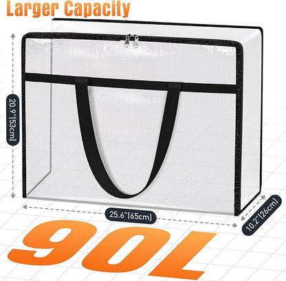 Clear Under Bed Storage Containers - 8 Pack Large Capacity Clothes Storage Bags with Lid & Sturdy Handles, Foldable Moving Bags, Clothing Organizer Totes for Bedding, Comforter, Sheet（90 L）