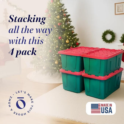 HOMZ 4-Pack Durabilt, Heavy Duty Plastic Storage Bins with Lids, 27 Gallon, Red/Green - Stackable Container Boxes for Holiday, Attic, and Garage Organization