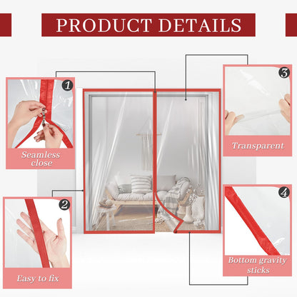 Zipper 72 x 80 Inch Dust Barrier Door Red 6 x 6.7 ft Winter Construction Door Reusable Plastic Curtain Cover Containment Standard Doorway Temporary Wall Screen Sheeting for Bathroom Hallway