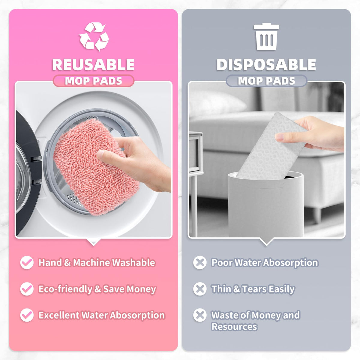 8 Pack Pink Reusable Chenille Mop Pads Fit for Swiffer Sweeper (8 Count)