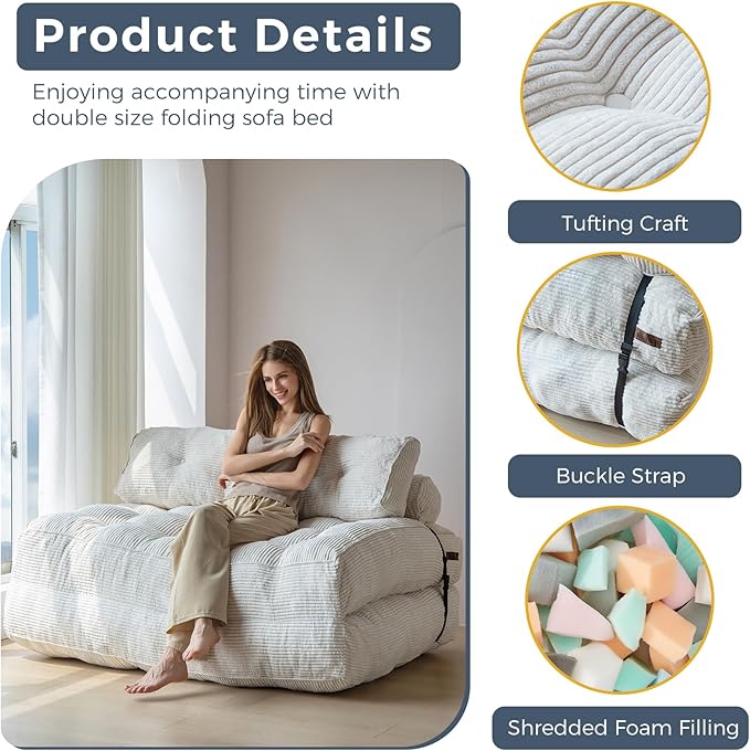 MAXYOYO Folding Sofa Bed, Convertible Chair with Pilow Foldable with Back Support, Portable Fold Out Chair Bed Comfy Floor Sofa Lounge for Living Room Bedroom, Beige, Double