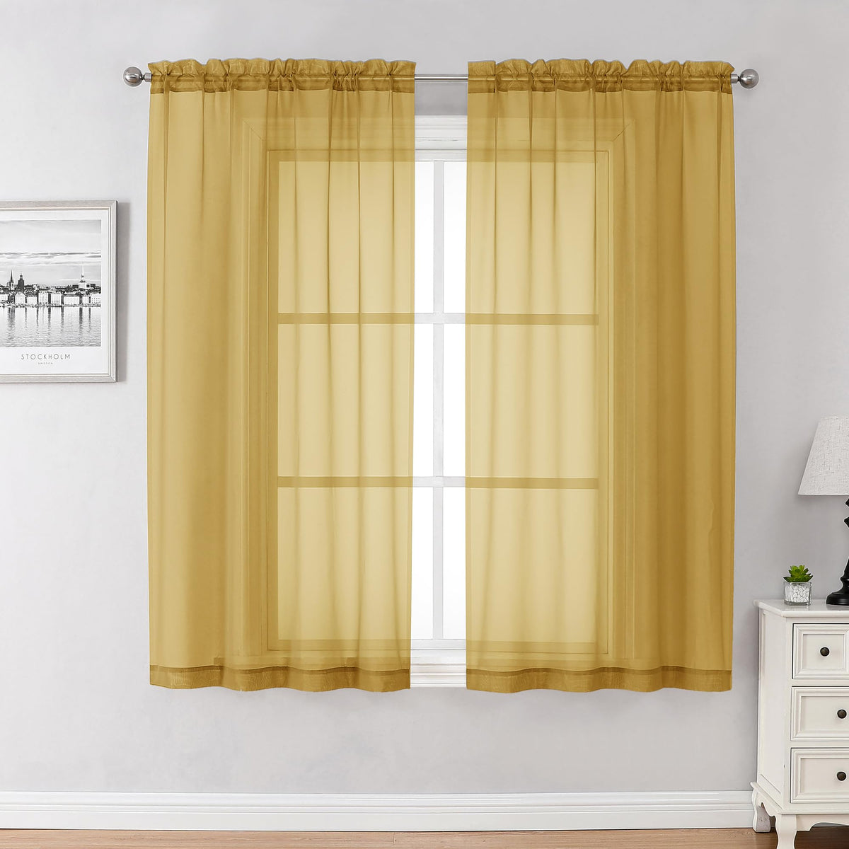 Gold Sheer Curtains 54 Inch Long 2 Panels Set (2 Count)