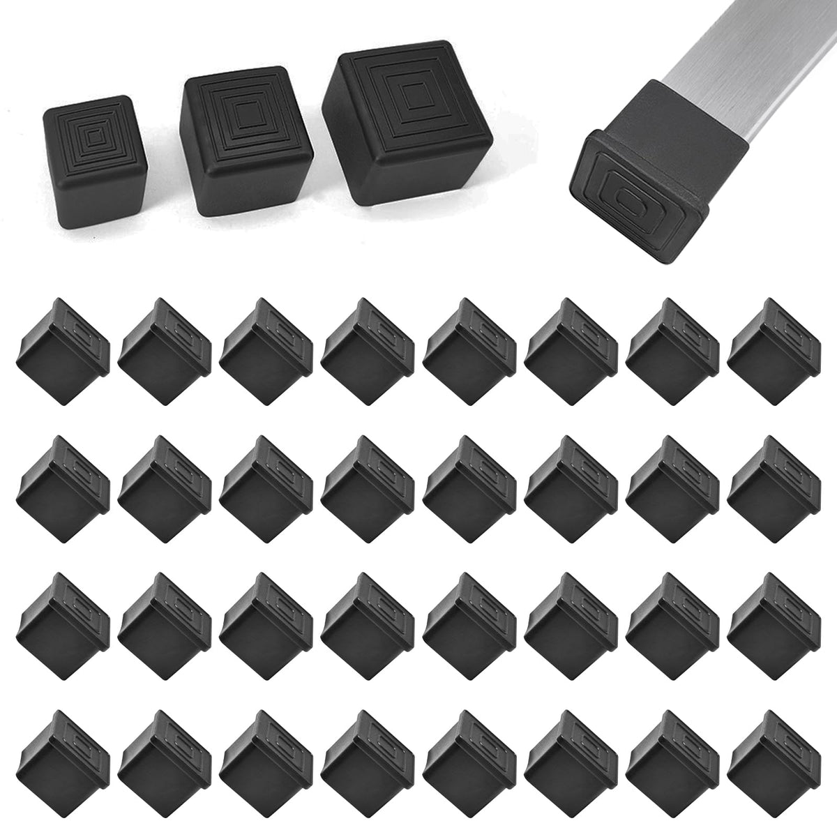 32 Pcs 1-1/4" x 1-1/4" Black Square Rubber Chair Leg Caps (32 Count)