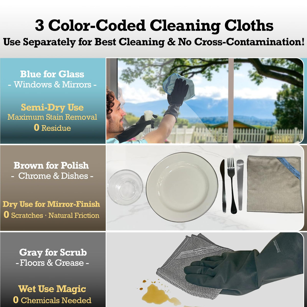 3 Pack Microfiber Glass Cleaning Cloths for Windows & Mirrors (3 Count)