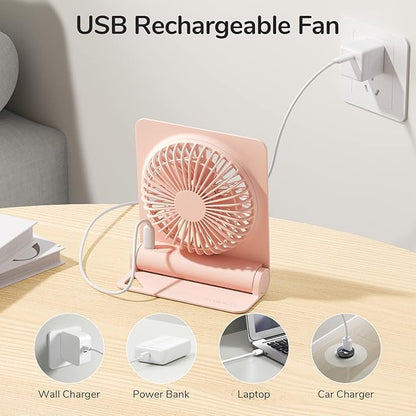 JISULIFE Small Desk Fan, Portable USB Rechargeable Fan, 160° Tilt Folding Personal Mini Fan with 4500mAh Battery, Strong Wind, Ultra Quiet, 4 Speed Modes for Office, Home, Camping - Pink